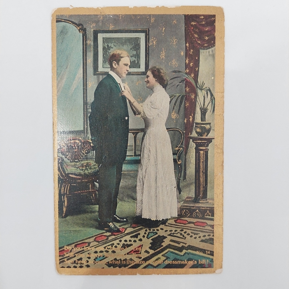 Vintage postcard funny illustration husband wife No. 14